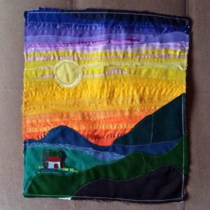 Arte textil de pared, Amanecer Paisaje original hecho a mano con tela