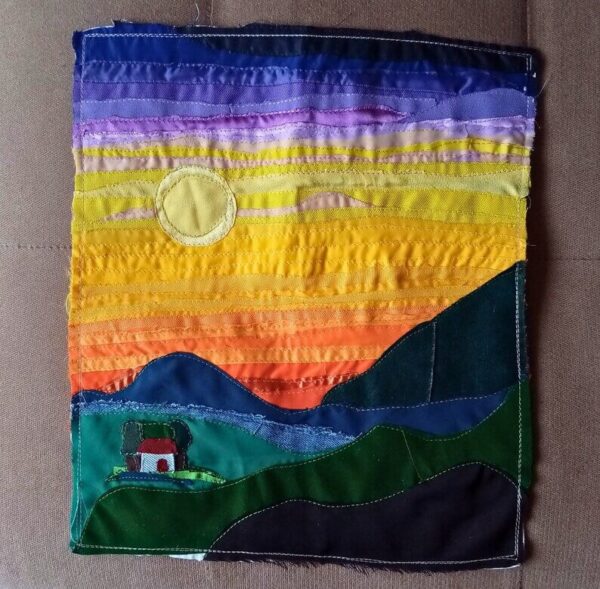 Arte textil de pared, Amanecer Paisaje original hecho a mano con tela