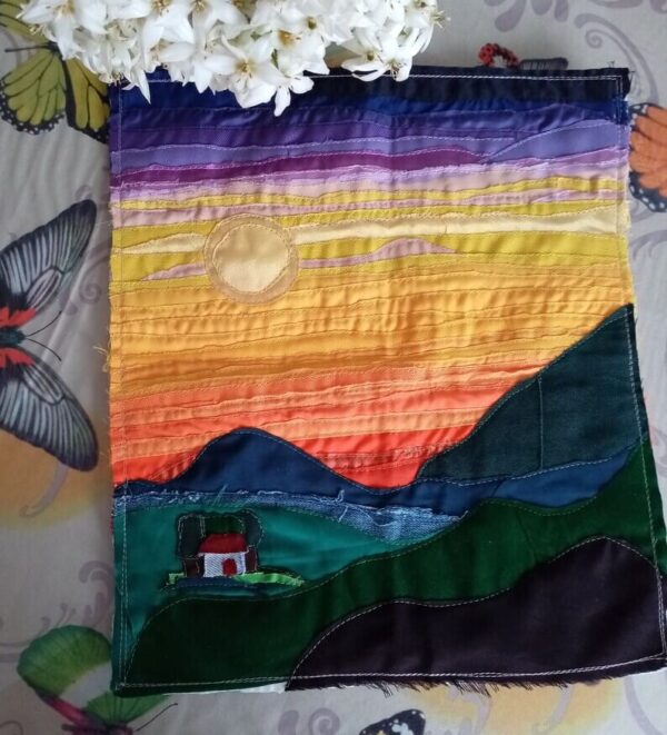 Arte textil de pared, Amanecer Paisaje original hecho a mano con tela - Imagen 2