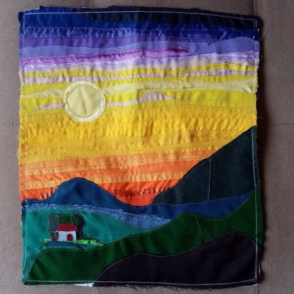 Arte textil de pared, Amanecer Paisaje original hecho a mano con tela - Imagen 3